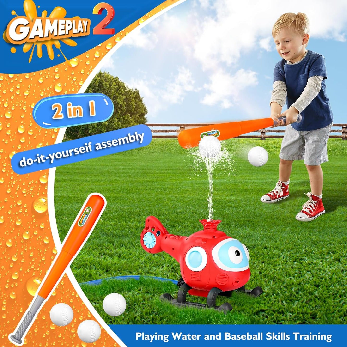 2-in-1 Water Sprinkler Baseball Helicopter Toy